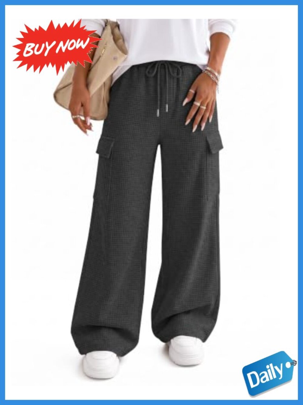 Waffle Knit Baggy Cargo Sweatpants Wide Leg Drawstring Lounge Pants